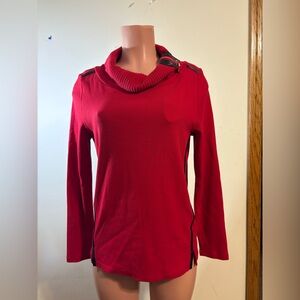 Women’s Medium Rafaella Red Cowl neck Sweater W Faux Leather‎ Trim Zipper Collar